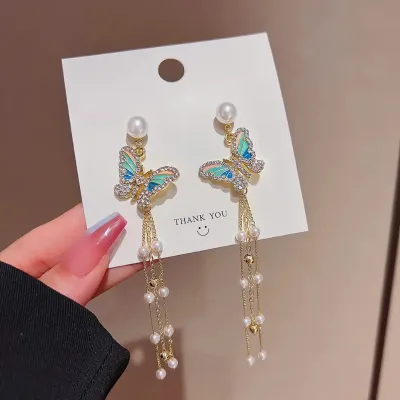 Rhinestone Pearl Butterfly Tassel Earrings